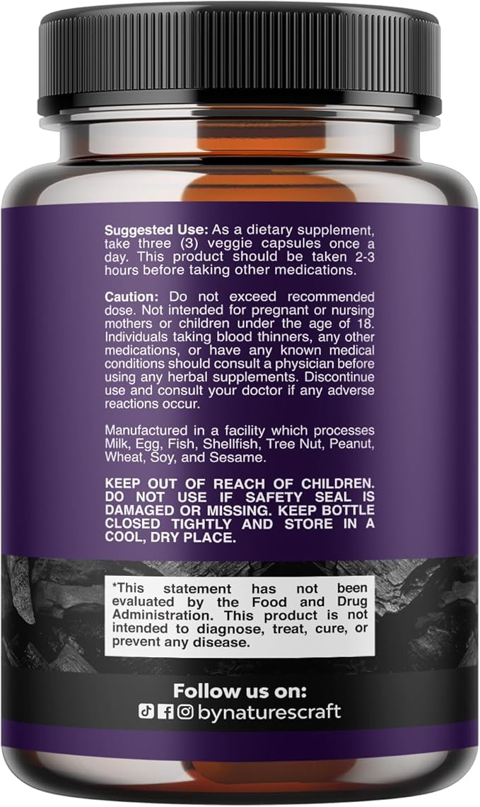 Natures Craft Activated Charcoal Pills Detox & Cleanse - Purifying Coconut Capsules with 1200 mg Per Serving for Bloating Relief - Active Detox Supplement for Body & Gut Health -180 Count
