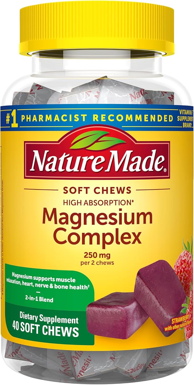 Nature Made High Absorption Magnesium Complex Soft Chews, Magnesium Supplement for Muscle, Heart, Bone Support, Magnesium Citrate & Malate Blend 250 mg per Serving, 40 Vegetarian Chews, 20 Day Supply