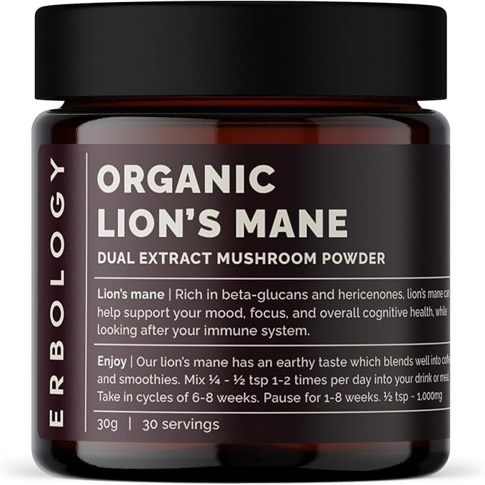 Erbology Organic Lion’s Mane Dual Extract Powder 30 Servings - 30% Beta-glucans and Erinacine A 1.6mg/g - Calm and Focus - Hericium Erinaceus - Sustainably Grown in Europe - Vegan - No Added Fillers