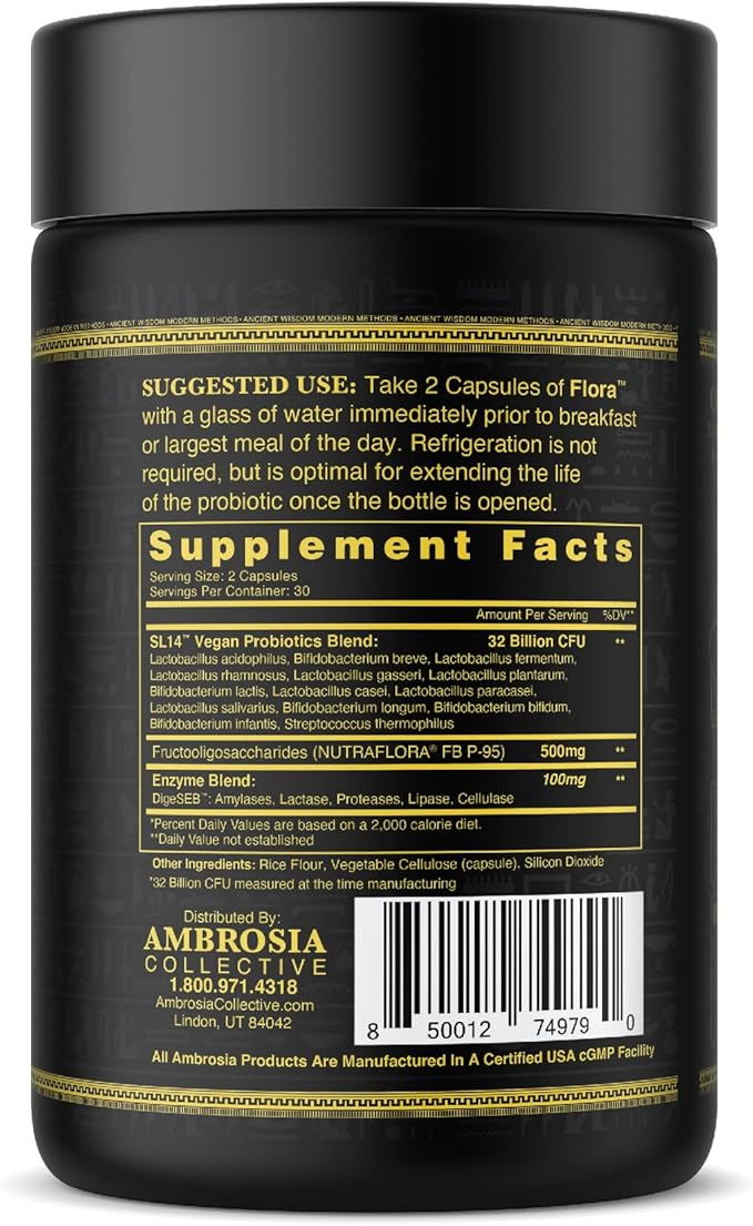 Ambrosia Flora Digestive Enzymes with Probiotics and Prebiotics, Plant Based Gut Health Supplement, 32 Billion CFU, Vegan Probiotic for Digestive Health (30 Servings)