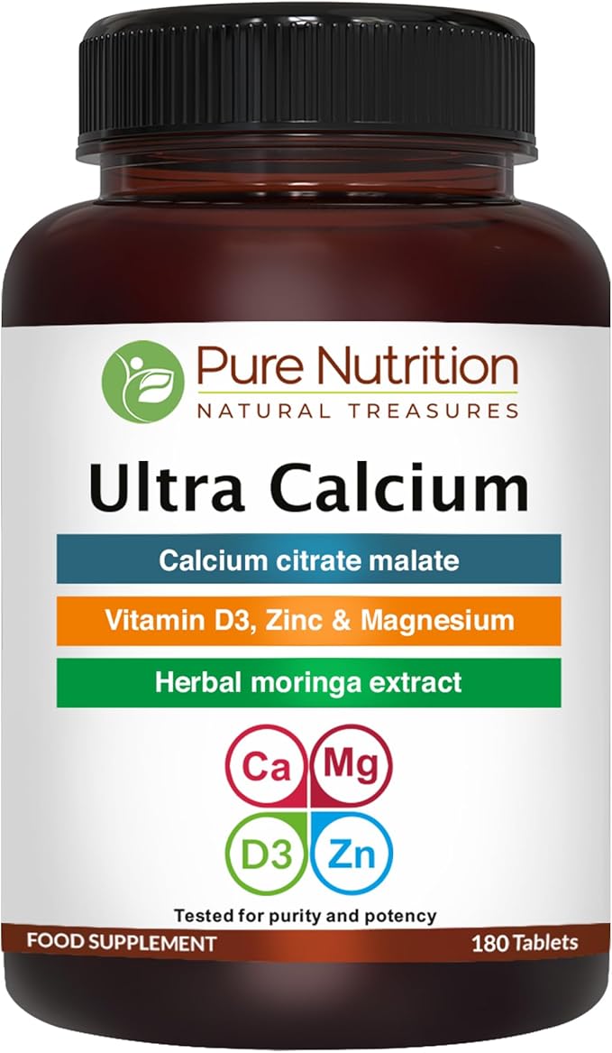 Pure Nutrition Ultra Calcium Citrate 1000mg Highly absorbable Calcium Supplement with Calcium Citrate Malate, Vitamin D, Zinc and Magnesium - 1 Tablet Daily (180 Veg Tabs) Non-GMO | Gluten-Free