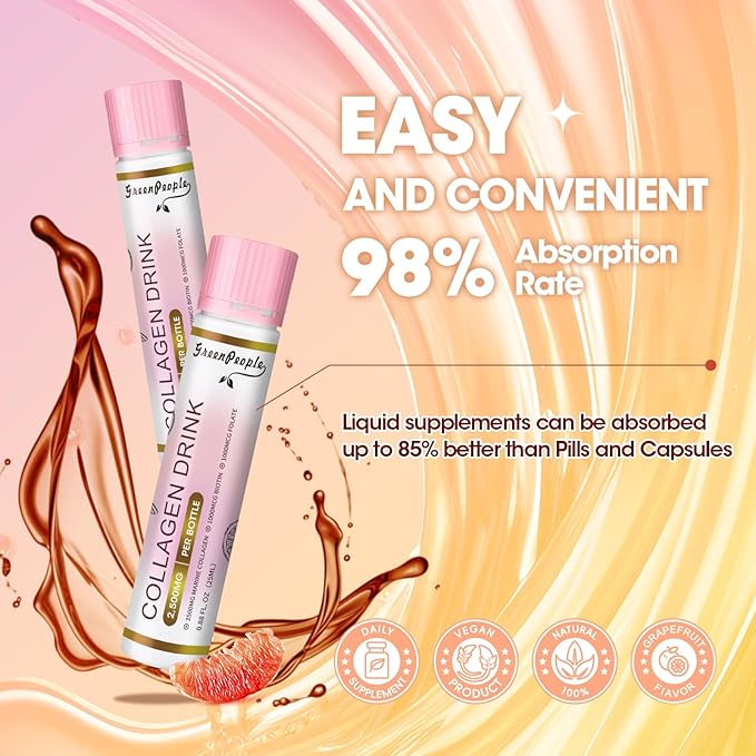 Liquid Collagen for Women & Men, 2500mg Fish Collagen Peptides + Hyaluronic Acid + Vitamin Bs & C, Hair Skin Nails Joints Bones Support (0.85 fl oz, 10 Bottles, Grapefruit)