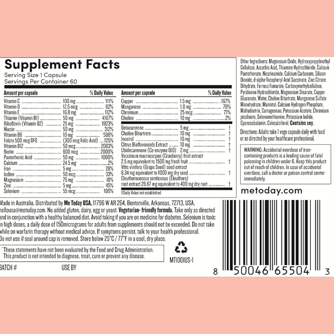 Women's Daily Multivitamin and Mineral Supplement, 30 Capsules, 2 Months Supply, with 27 Vitamins, Including D, C, A, B, Biotin and Zinc, Vegetarian