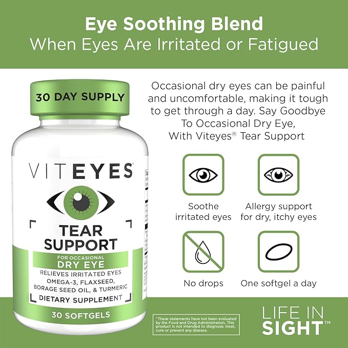 Viteyes Tear Support Eye Soothing Blend, Occasional Dry Eye Supplement, No Eye Drops, Redness Relief, Eye Vitamin, Allergy Support for Itchy Eyes, Omega-3 Fish Oil, 30 Softgels