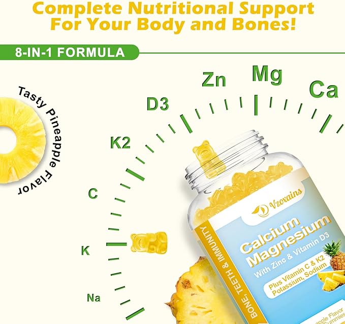 High Absorption Calcium Gummies, Sugar Free Calcium Magnesium Gummies with Vitamin D3 for Men and Women, Pineapple Flavor 60 Cts