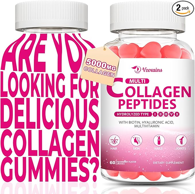 Collagen Peptides Gummies 5000MG, Collagen Gummies for Women & Men, Type I,II,III,V,X Protein with Biotin, Hyaluronic Acid, Vitamin C for Healthy Skin | Strawberry Flavored, Sugar Free, 120 Cts
