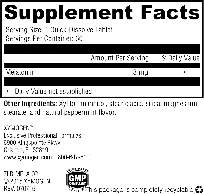 XYMOGEN Melatonin - Peppermint Lozenges - 3mg Melatonin Supplement for Nighttime, Antioxidant + Immune Support (60 Quick-Dissolve Tablets)
