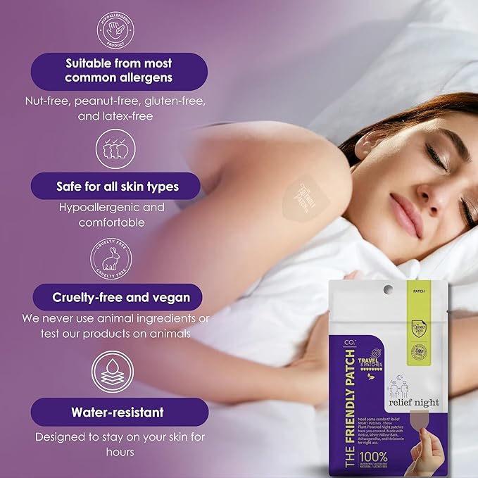 Relief Night Patch - 8 Pack Arnica, White Willow Bark, Melatonin, Ashwagandha for Soreness for sleep patches for Women and Men