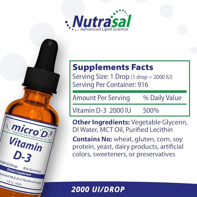 Micro D3 Vitamin D-3 Drops - High Concentrate (2 Million IU's) Vitamin D3 with Nano Technology and Up to 10X More Absorption -1 oz (30 ml)