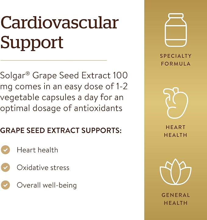 SOLGAR Grape Seed Extract 100 mg, 60 Vegetable Capsules - Phytonutrient Antioxidant Support - Vegan, Gluten Free, Dairy Free - 60 Servings