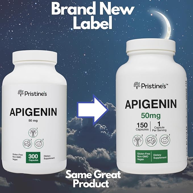 PRISTINE'S Apigenin Supplement for Sleep Capsules - 50mg 150 Day Supply - Prostate & Sleep Support Found in Chamomile Powder for Relaxation, Healthy Aging, Brain & Heart Health, & Immunity