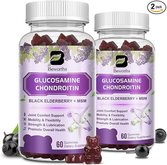 (2 Pack) Glucosamine Chondroitin Gummies, Extra Strength Joint Support Supplement with MSM & Elderberry for Mobility & Flexibility, Antioxidant Support for Men & Women, 120 Gummies