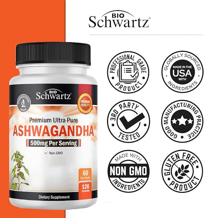 BioSchwartz Ashwagandha Supplements - Extra Strength Ashwagandha Capsules 500mg Per Serving - Gluten Free, Non-GMO, Made in The USA with Globally Sourced Ingredients, 60 Servings (120 Count)