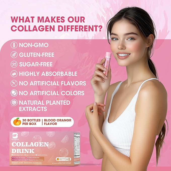 Collagen Peptides Drink, Collagen Peptides Liquid Drink with Coenzyme Q10, Hyaluronic Acid, Biotin & Vitamin C, Vitamin E, Collagen for Women Support Revitalize Skin Elasticity - Apple Flavor