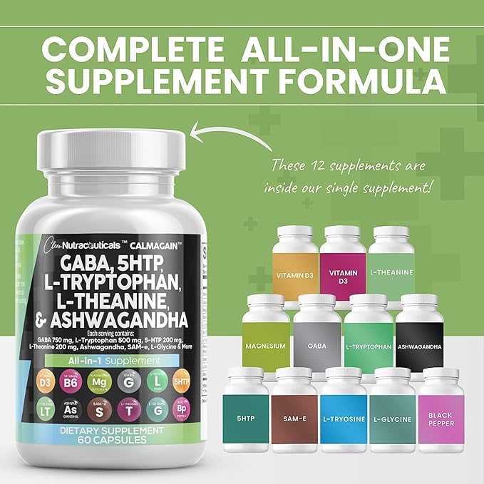 Clean Nutraceuticals GABA 750mg 5 HTP 200mg L Tryptophan 500mg L Theanine 200mg Ashwagandha SAM-e L-Glycine - Mood Support Vitamins for Women and Men with L-Tyrosine (90 Count (Pack of 2))