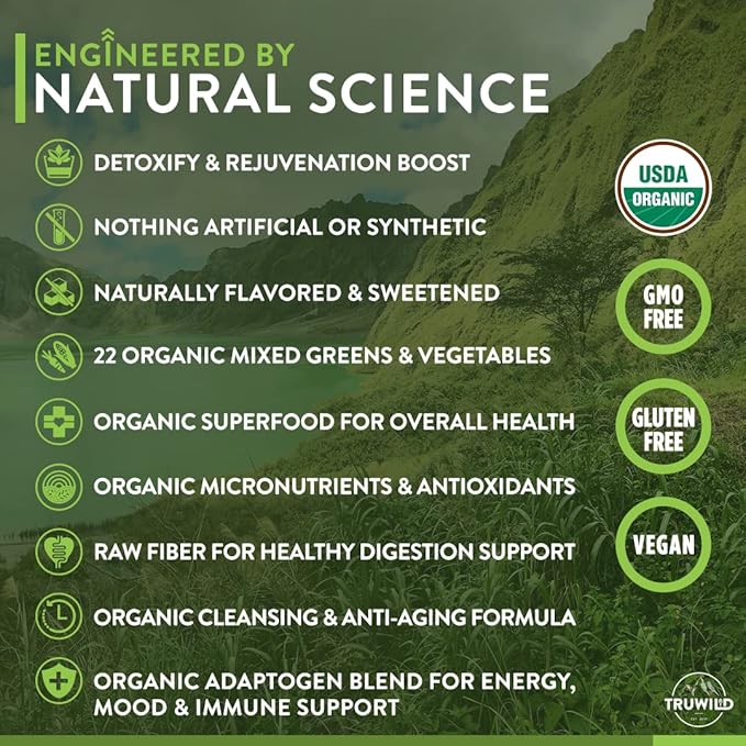 TruWild Greens Superfood Juice Powder, with 22+ Greens & Anti-Oxidants, Delicious Green Juice Powder, Natural Immune, Stress, Digestion Support, 30 Servings Per Tub (Cucumber Mint)