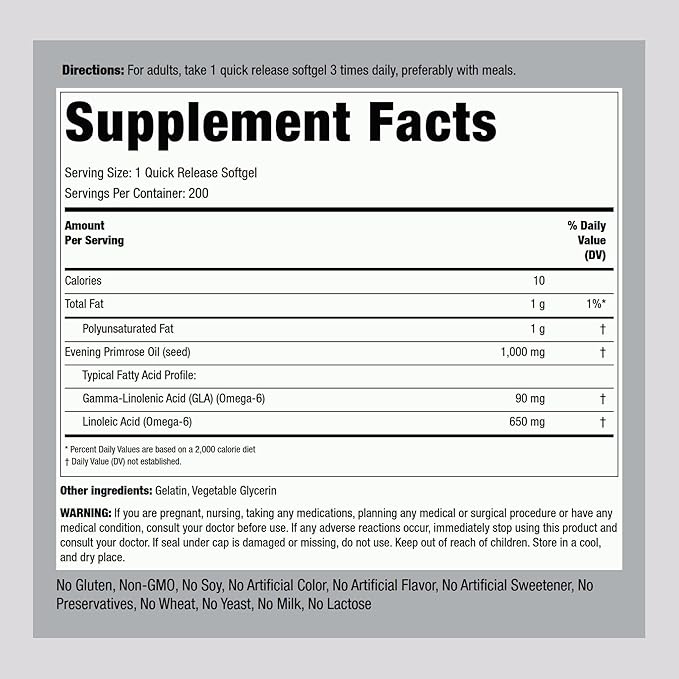 Piping Rock Evening Primrose Oil Capsules 1000mg | 200 Softgels | Cold Pressed Supplement | Non-GMO, Gluten Free