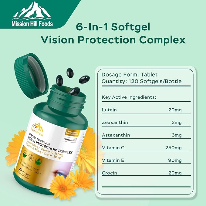 Lutein and Zeaxanthin Supplements - 6 in 1 Vision Protection Complex with Lutein, Zeaxanthin, Astaxanthin, Crocin, Vitamin C & E, 120 Softgels, Non-GMO, Gluten-Free, Supports Eye Health