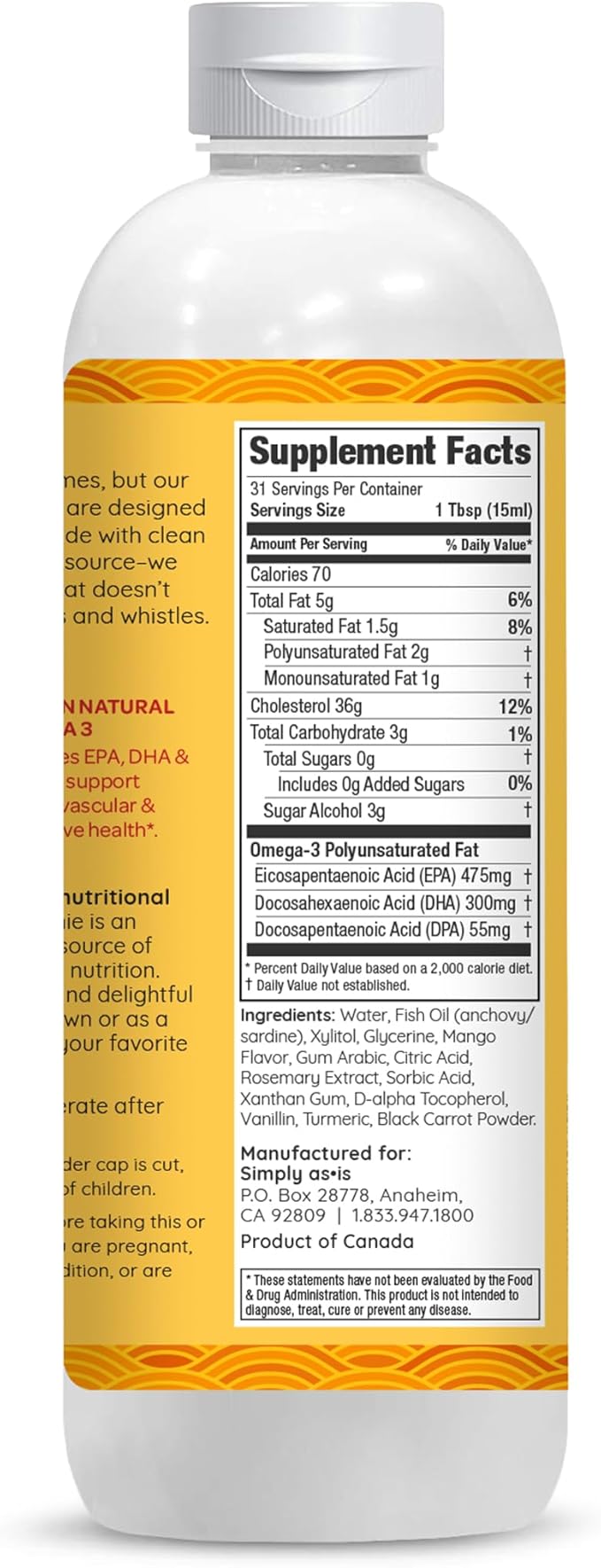 AS-IS Simply 16 fl oz (31 Servings) | Omega-3 Smoothie from Fish Oil | Promotes Heart & Brain Health | Dairy & Sugar Free | Natural Mango Flavor