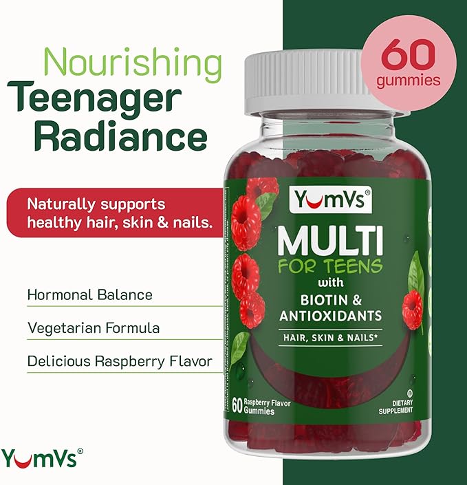 YumVs Teen Multivitamin Gummies with Biotin and Antioxidants - Raspberry Flavor - Hair Skin Nails Support - Vegetarian Kosher Teen Vitamins for Boys and Girls 12-17 - Teen Gummy Vitamins (60 Count)
