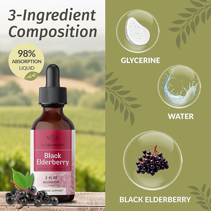 HERBAMAMA Black Elderberry Drops - Vegan Elderberry Liquid Extract for Immune Support - Non-GMO, Alcohol & Sugar-Free Immunity Supplement, 21-Day Supply