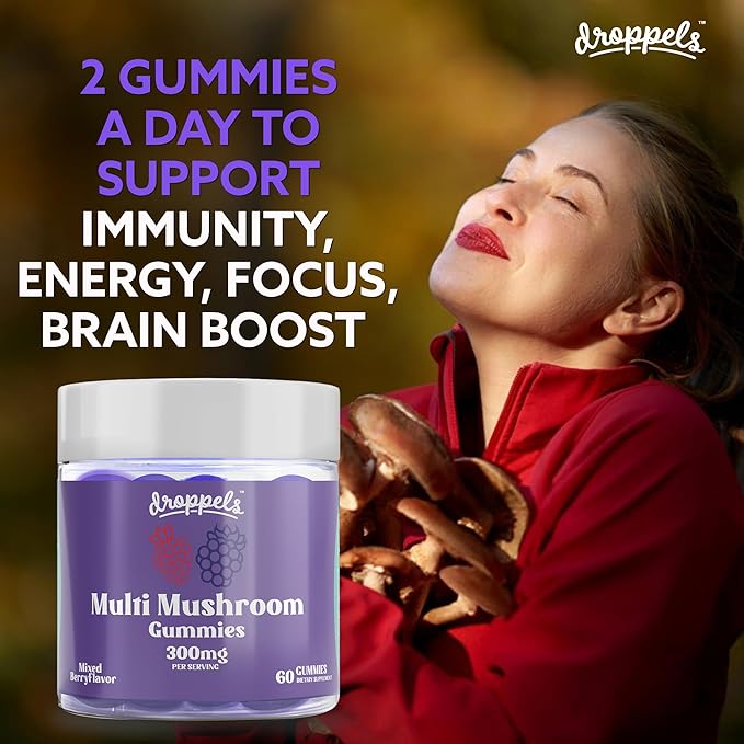 Droppels Multi Mushroom Gummies | Vegan, Pectin-Based & Non-GMO Mushroom Extracts | Maitake, Shiitake, Turkey Tail, Chaga, Reishi & Lion's Mane Mushroom Supplement | Mixed Berries Flavor, 60 Count