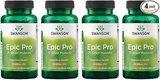 Swanson Epic-Pro 25-Strain Probiotic 30 Billion CFU Digestive Health Immune System Support Prebiotic Nutraflora FOS 30 DRcaps Veggie Capsules (Caps) (4 Pack)