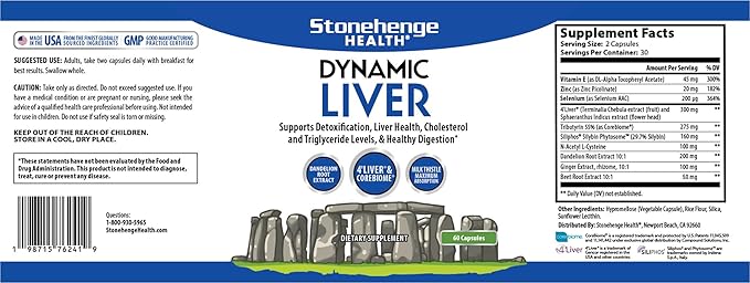 Stonehenge Health Dynamic Liver Supplement, Supports Detoxification, Liver Health, Cholesterol and Triglyceride Levels, & Healthy Digestion*, 60 Capsules