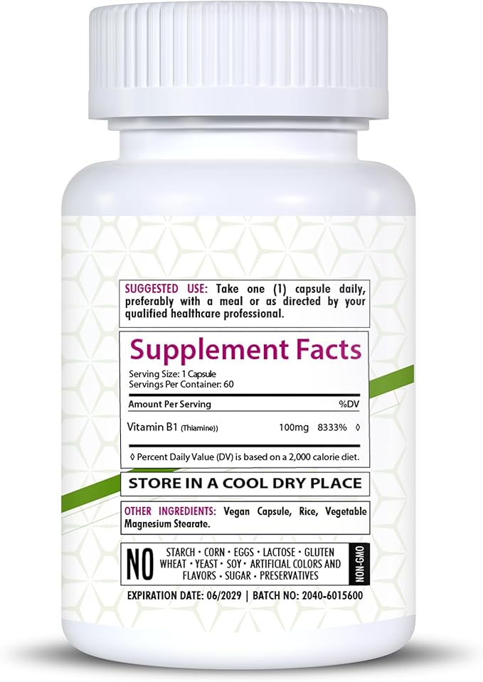 Vitamin B1 100mg | 60 Capsules | Thiamine Supplement | Supports Overall Health | Non-GMO | Gluten Free (60 Capsules)