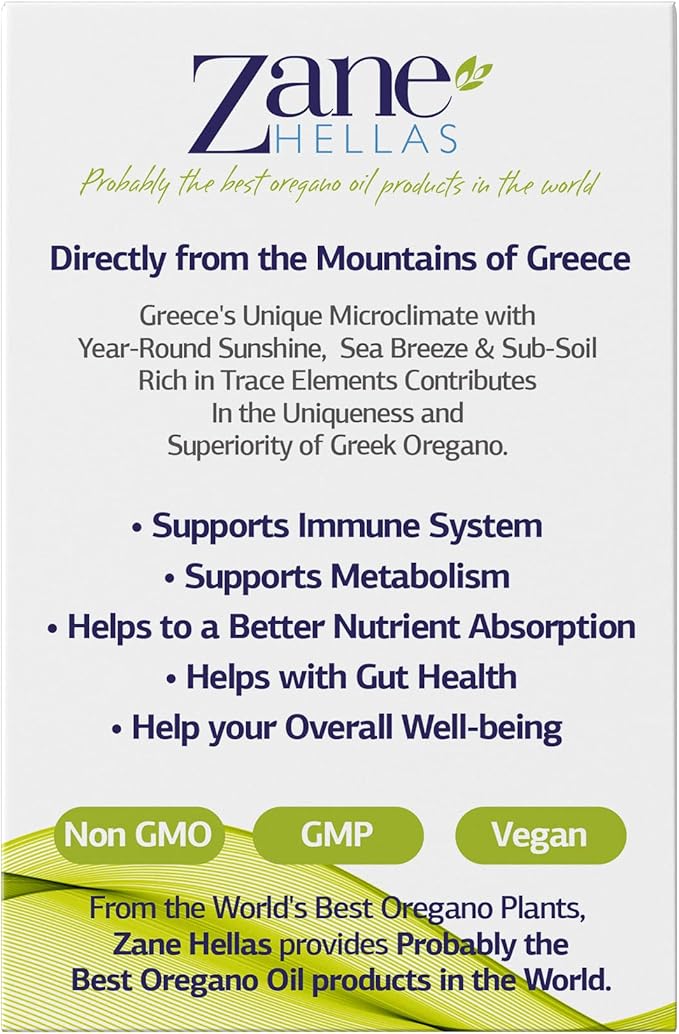 Zane Hellas 70% Oregano Oil. Greek Essential Oil of Oregano .86% Min Carvacrol. 112 mg Carvacrol Per Serving. Probably The Best Oregano Oil in The World. 1 fl. oz.- 30ml