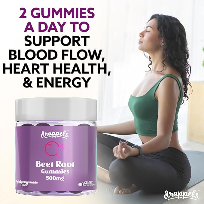Droppels Beet Root Gummies with Beetroot Powder 500mg, Grape Seed Extract 300mg, Vitamin B12 & Niacin | Vegan, Pectin-Based & Non-GMO Beetroot Supplement, Apple Pomegranate Flavor, 60 Count