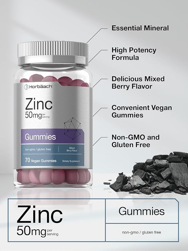 Horbäach Zinc 50mg | 70 Gummies | Mixed Berry Flavor | Vegan, Non-GMO and Gluten Free Formula | Zinc Citrate Dietary Supplement