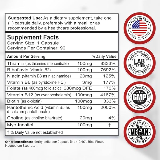 Divine Bounty Super B Complex Vitamins - All B Vitamins Including B12, B1, B2, B3, B5, B6, B7, B9, Folic Acid - Vitamin B Supplement - Support Healthy Energy Metabolism - 90 Vegetarian Capsules