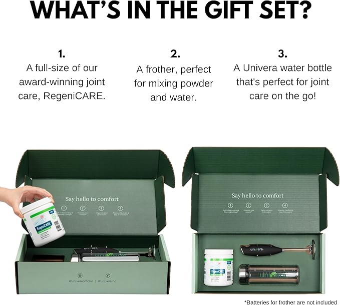 Univera RegeniCARE Gift Set with Bottle and Frother – Joint Support with Glucosamine, Univestin, MSM, Chondroitin – 30 Servings, Green Apple