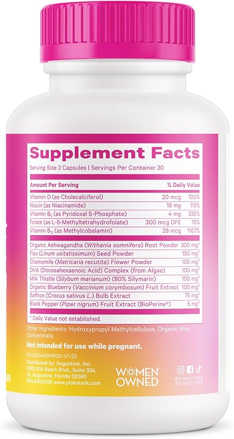 Pink Stork Cortisol Complex - Organic Ashwagandha, Omega 3 DHA, Saffron - Mood Balance, Stress Management, Energy Levels for Women - 60 Count