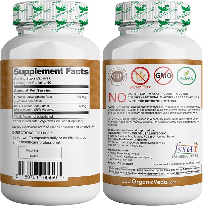 Organic Veda Ashwagandha Supplements, 1500mg - Ashwagandha Capsules with Black Pepper Extract - Made from Pure 100% Organic Ashwagandha Root - Mood Support Supplement & Energy, 120 Veggie