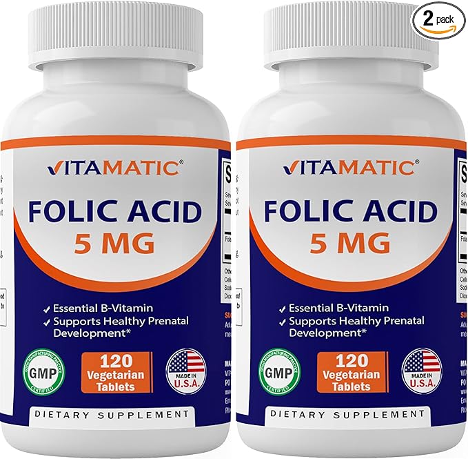 Vitamatic Folic Acid 5mg (5000 mcg) – 120 Vegetarian Tablets per Bottle | Pack of 2 (Total 240 Tablets) Vitamin B9 (Folate) | Supports Heart Health, Brain Function, and Prenatal Wellness