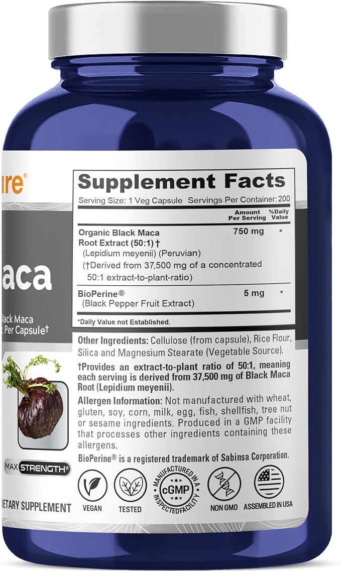 NusaPure Black Maca Root 50:1 Extract, 750 mg Equivalent to 37,500 mg 200 Veggie Per Caps (Vegan, Non-GMO)