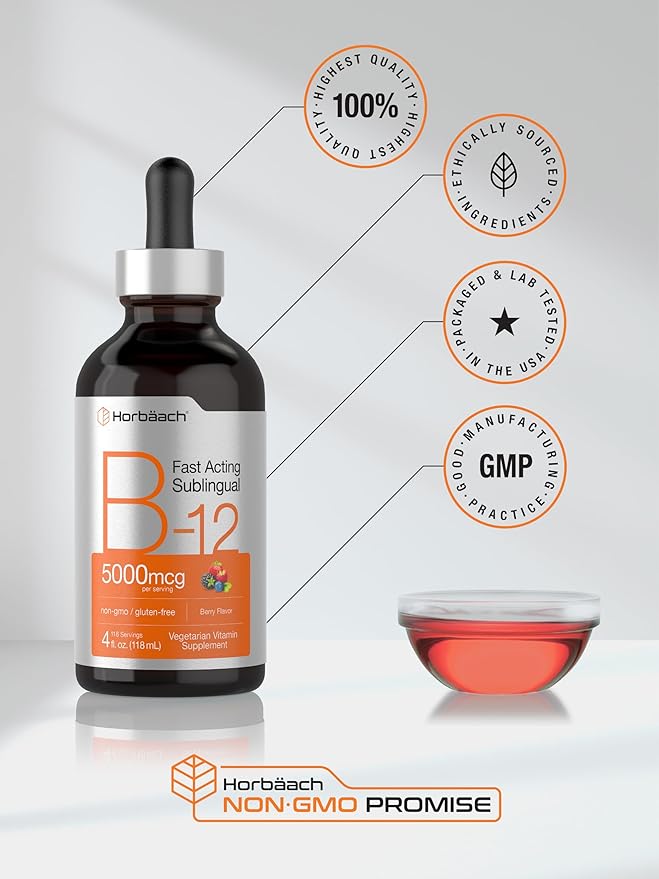 Horbaach B-12 | 5000mcg | 4oz | Berry Flavor Fast-Acting Sublingual Liquid Vitamin B12 | Vegetarian, Non-GMO & Gluten Free Formula