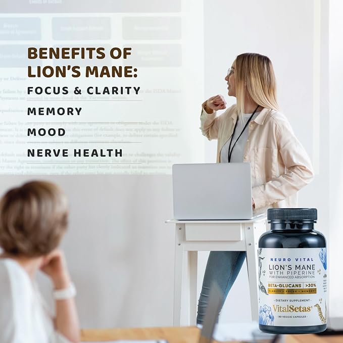 Neuro Vital Lion's Mane & Piperine Brain Supplement - Amplify Focus, Boost Memory, and Enhance Mental Clarity – Lab Tested & Allergen Free - 90 Premium Veggie Capsules for Immune Support