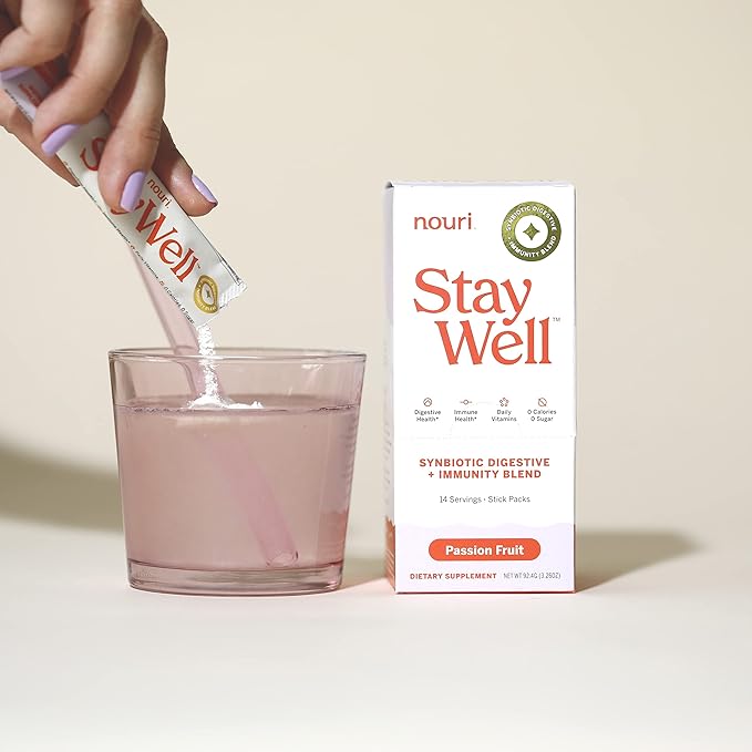 Nouri Daily StayWell Passion Fruit Drink Mix | Probiotics, Prebiotics, Colostrum, L-Glutamine, Vitamins D & B12, Magnesium, Manganese & Zinc for Gut Health, Digestion & Immunity | 14 Stick Packs