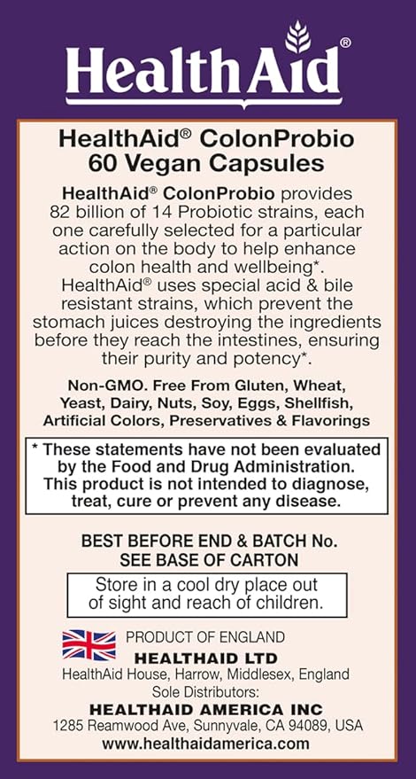 ColonProbio 82 Billion with Prebiotic, 14 Strains, Once Daily, 60ct, Optimum Colon Care, Acid & Bile Resistant, Dairy Free, Gluten Free, Non-GMO, High Bifido