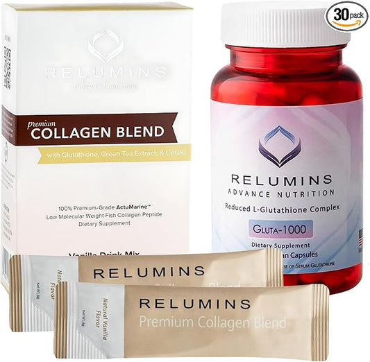 Relumins New Premium Collagen 10 Pack and Gluta-1000 30 Capsules 3 Collagen Flavors!! (Vanilla)