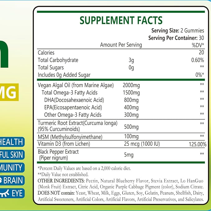 Vegan Omega 3 & Turmeric Gummies 2500mg, Algae Omega 3 DHA 800mg&EPA 400mg, with MSM, Vitamin D3, Turmeric Root Extract for Brain, Eye, Joint, Fish Oil Supplements Alternative, Sugar Free