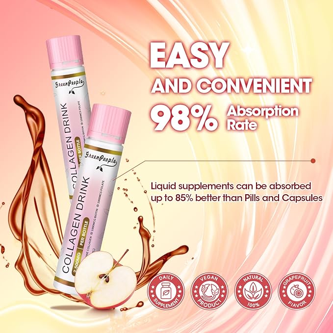 Liquid Collagen for Women & Men, Fish Collagen Peptides + Hyaluronic Acid + Vitamin Bs & C, Hair Skin Nails Joints Bones Support (0.85 fl oz, 10 Bottles, Apple)