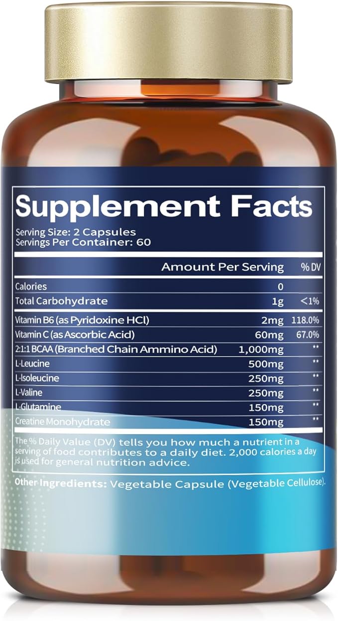 High Purity Branched Chain Amino Acids Supplement - BCAA 2:1:1 Capsules with Creatine Monohydrate, L-Glutamine, Vitamin B6 and Vitamin C for Men & Women, 120 Count