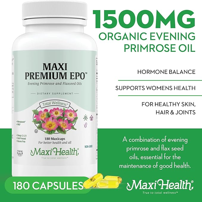 Maxi-Health Evening Primrose and Flax Seeds Oil Softgels - Vegan Omega 3 6 9 Supplements for Healthy Skin, Hair, and Joints - Kosher Certified, Organic Evening Primrose Oil Softgels, 180 Count