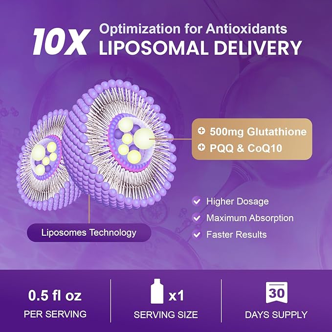 Liposomal Glutathione Supplement – 500mg Glutathione with PQQ, CoQ10 & Vitamin C – High Absorption Antioxidant for Immune & Energy Support – Grape Flavor, 30 Packets