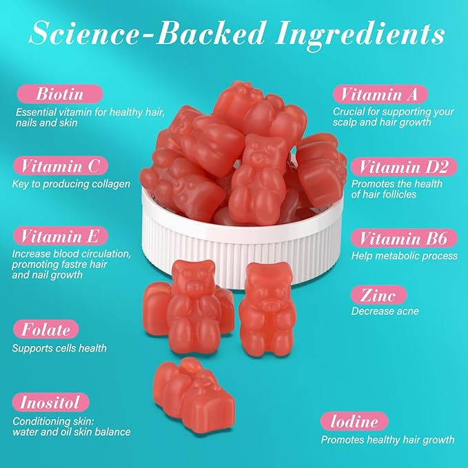 Biotin Gummies -Hair Skin and Nails Vitamins for Men & Women, Vegan Vitamin B7, Supports Hair Growth and Stronger Nails,90 Day Supply-Strawberry-3 Pack