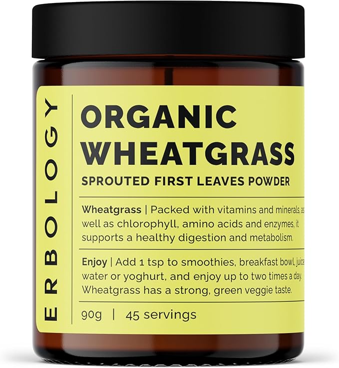 Erbology Organic Wheatgrass Powder 3.2 oz - 45 Servings - Body Cleansing and Gut Health Support - Rich in Chlorophyll and Iron - Sustainably Sourced in Europe - Small Batch - Vegan - GMO-Free